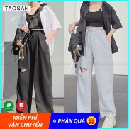 Quần ống rộng nữ rách đùi lai tưa, quần dài ống suông Taosan